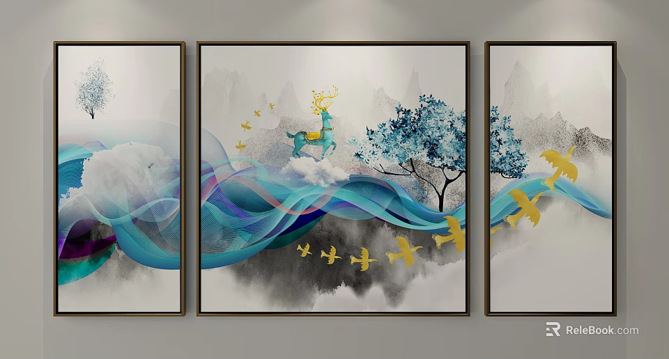 Modern Wall Decorative Paintings With Blue Waves Yellow Birds Deer And Trees 3d model 