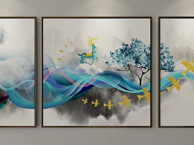 Modern Wall Decorative Paintings With Blue Waves Yellow Birds Deer And Trees 3d model