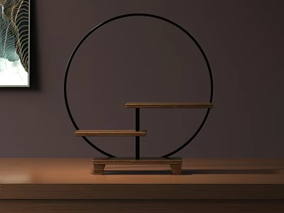 Modern Table Lamp With Black Circular Frame And Wooden Shelves On Wooden Tabletop 3d model