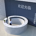 Modern Curved Marble Reception Desk With Staff Blue Welcome Wall And Plant