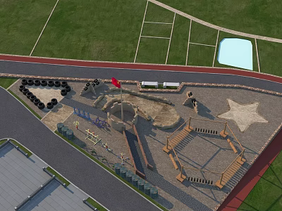 Scenic Park Landscape With Green Lawns Pond Red Flag And Wooden Playground Areas 3d model
