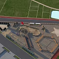 Scenic Park Landscape With Green Lawns Pond Red Flag And Wooden Playground Areas