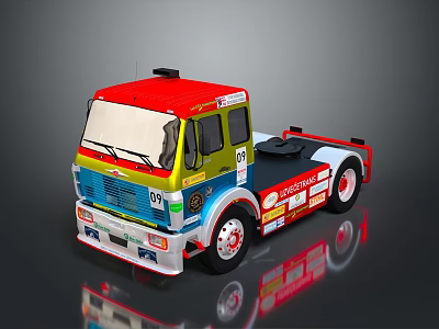 Colorful Cab Chassis Truck with Red Yellow Blue Body and Sponsor Logos 3d model