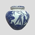 Traditional Blue And White Porcelain Jar With Lid And Leaf Bamboo Patterns