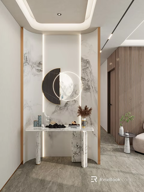 Modern Entryway Hallway Interior Design With Marble Wall Circular Mirror And Glass Console Table 3d model 