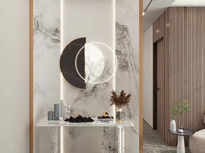Modern Entryway Hallway Interior Design With Marble Wall Circular Mirror And Glass Console Table 3d model