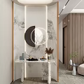 Modern Entryway Hallway Interior Design With Marble Wall Circular Mirror And Glass Console Table