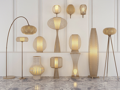 New Chinese Style Lamps Combination Bamboo Wreed Rattan Chandelier Wall Lamp Table Lamp Floor Lamp Combination 3d model