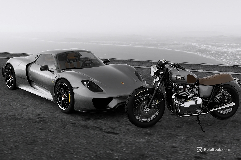 Silver Sports Car Parked On Coastal Road With Vintage Motorcycle And Seaside View 3d model 