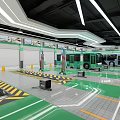 Modern Parking Lot With Green Buses Yellow Black Warning Stripes And Facilities