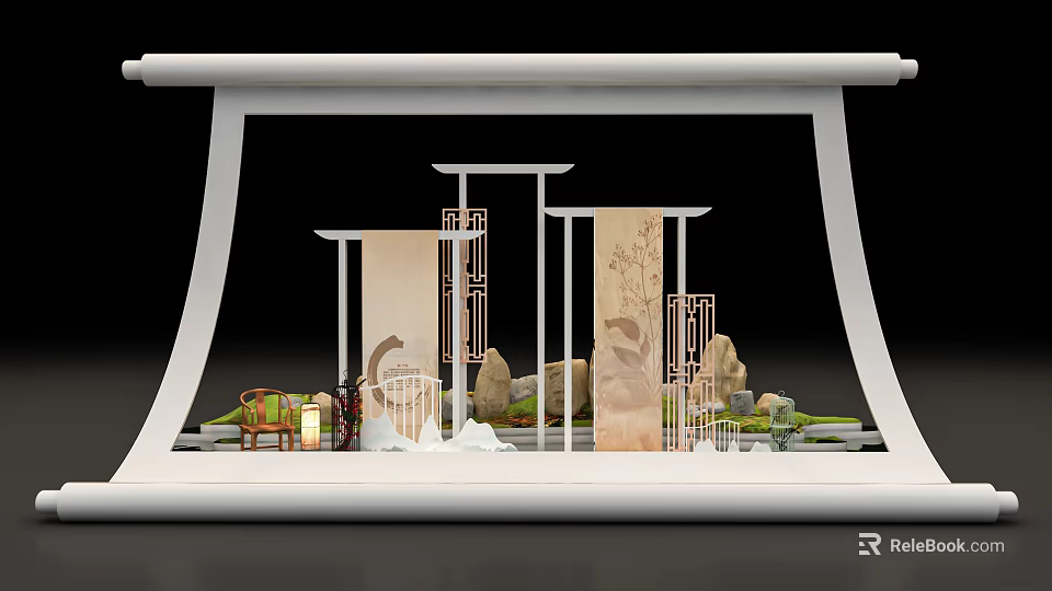 Other Traditional Chinese Decorative Scene With Wooden Screens Rocks And Lanterns 3d model 