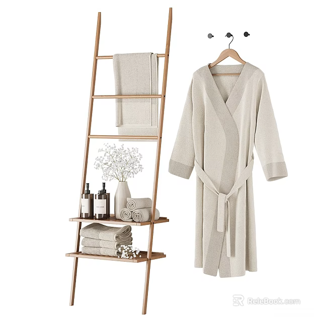 Cozy Cotton Bathrobe And Towels On Wooden Ladder Shelf With White Flowers And Bath Products 3d model 