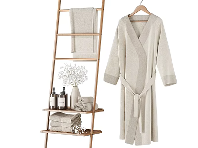 Cozy Cotton Bathrobe And Towels On Wooden Ladder Shelf With White Flowers And Bath Products 3d model