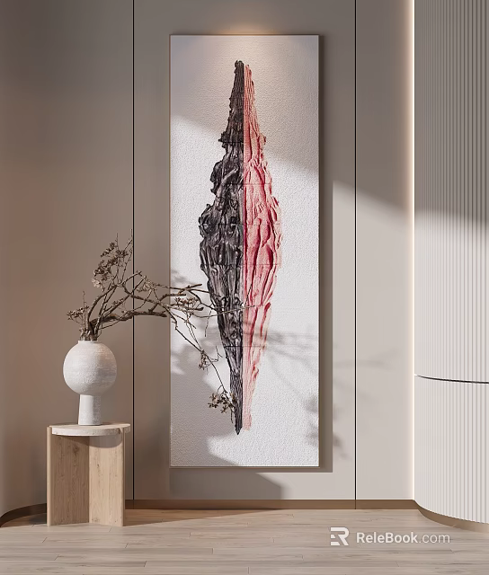 Abstract Art Painting With White Vase And Dried Flowers On Wooden Stand In Modern Interior 3d model 