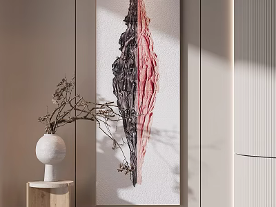 Abstract Art Painting With White Vase And Dried Flowers On Wooden Stand In Modern Interior 3d model