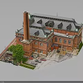 Historic Red Brick Building With Tall Chimney Green Roof Arched Windows And Surrounding Trees