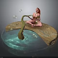 Red Haired Woman Sitting on Rocky Platform With Blue Water Green Snake and Transparent Bubbles