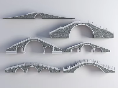 Various Designed Landscape Bridges With Arched Structures Stone Like Appearance And Railing Details 3d model