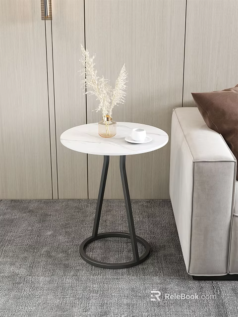 Side Table with White Marble Top and Black Metal Frame Beside Light Gray Sofa 3d model