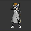 Fantasy Armored Character Standing Beside Steam Train With Trident And Hat