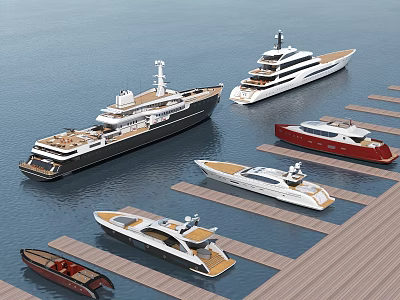 Luxury Yachts Docked at Marina with Various Sizes and Colors on Waterfront 3d model