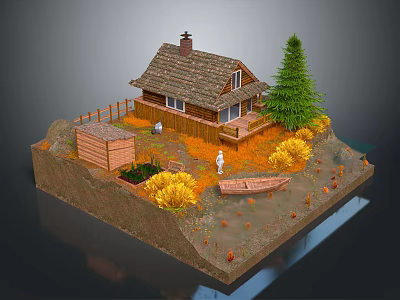 Rustic Country Scenery With Thatched Cabin Pine Tree Small Boat And Autumn Foliage 3d model