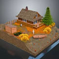 Rustic Country Scenery With Thatched Cabin Pine Tree Small Boat And Autumn Foliage
