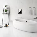 Bathroom Set Featuring White Bathtub Marble Walls Black Shelf Green Plants Towels and Towel Rings