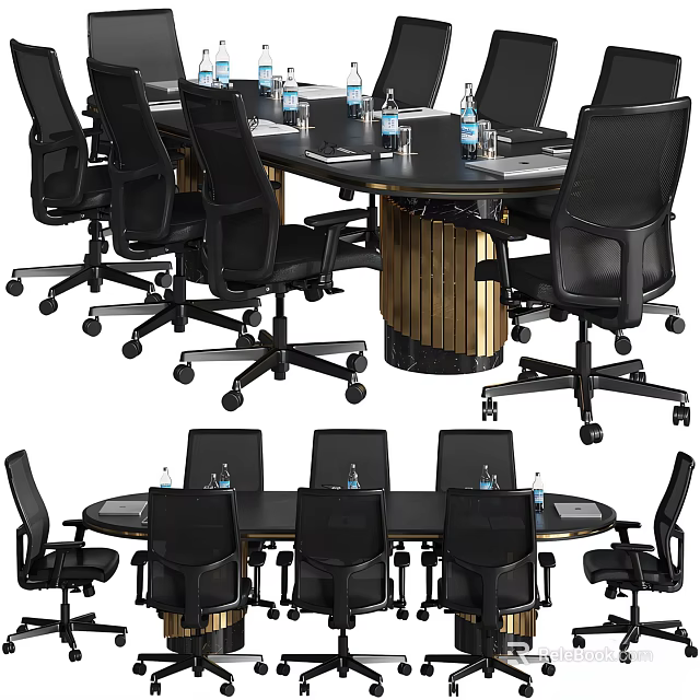 Round Conference Table With Black Wheeled Office Chairs And Water Bottles 3d model 