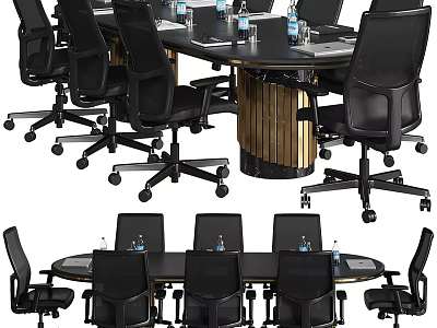 Round Conference Table With Black Wheeled Office Chairs And Water Bottles 3d model