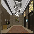Modern Shop Front Desk Interior Featuring Artistic Chandelier Decorative Painting And Patterned Carpet