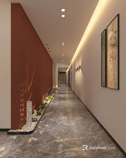 Elevator Hallway With Red White Walls Gray Floor Lighting Decorative Paintings And Plants 3d model 