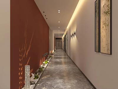 Elevator Hallway With Red White Walls Gray Floor Lighting Decorative Paintings And Plants 3d model