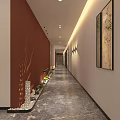 Elevator Hallway With Red White Walls Gray Floor Lighting Decorative Paintings And Plants