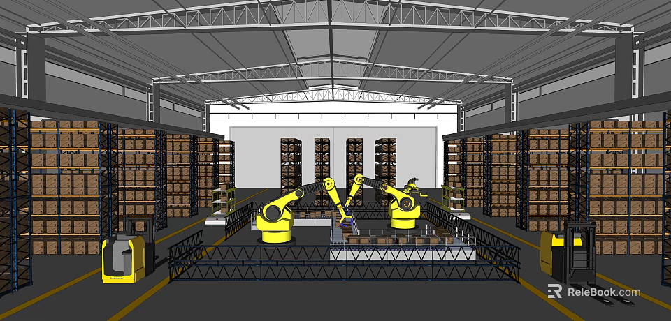 Warehouse Interior With Automated Yellow Robots And Storage Shelves Full Of Boxes 3d model 