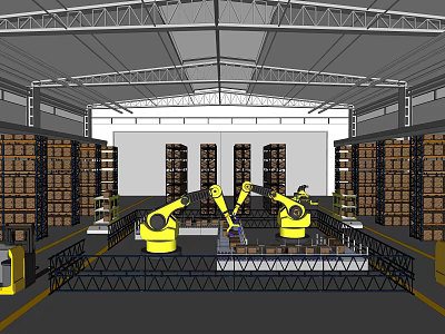Warehouse Interior With Automated Yellow Robots And Storage Shelves Full Of Boxes 3d model