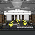 Warehouse Interior With Automated Yellow Robots And Storage Shelves Full Of Boxes