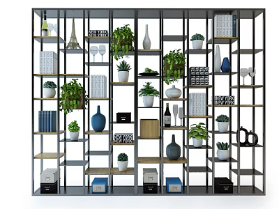 Open Multi Tiered Storage Shelving Unit With Green Plants Decorative Items And Books 3d model