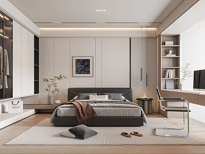 Modern Bedroom Interior With King Bed Gray Bedding Artwork Potted Plant And Area Rug 3d model