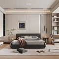 Modern Bedroom Interior With King Bed Gray Bedding Artwork Potted Plant And Area Rug