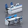 Modern Office Desk Design With Computer Monitor Blue Accent Lines And Ergonomic Chair