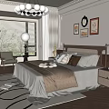 Modern Bedroom Interior With Chandelier Large Windows Plants Mirror Decorative Paintings And Bed Pillows