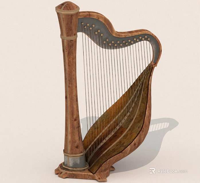 Vintage Wooden Harp With Shiny Metal Strings And Ornate Frame Design 3d model 