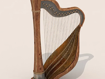 Vintage Wooden Harp With Shiny Metal Strings And Ornate Frame Design 3d model