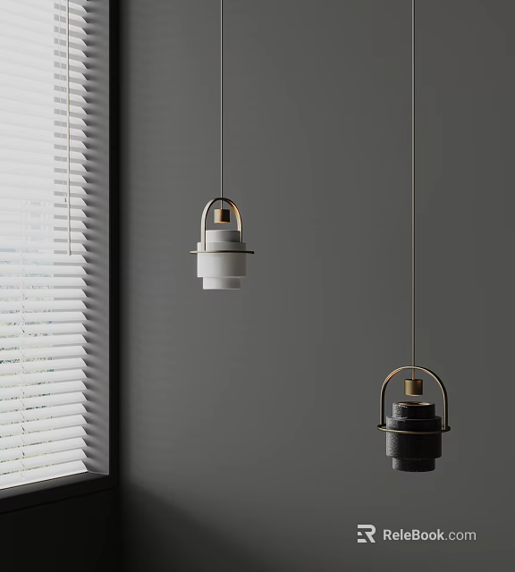 Modern Pendant Lights Hanging On Gray Wall With Window Blinds Interior Design 3d model