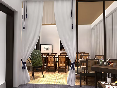 Cozy Restaurant Interior With White Curtains Wooden Tables Fresh Sign And Green Decor 3d model
