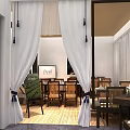 Cozy Restaurant Interior With White Curtains Wooden Tables Fresh Sign And Green Decor