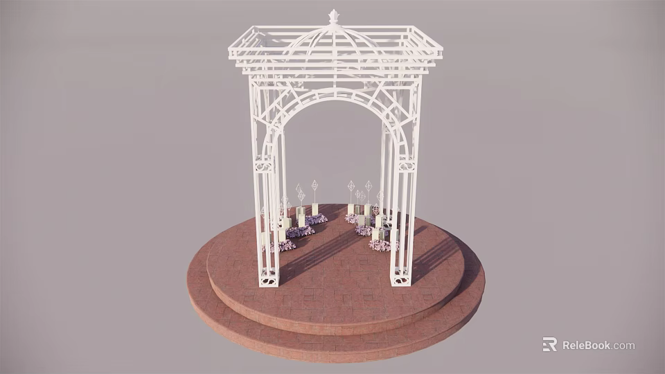 Elegant White Wedding Gazebo with Candles and Flower Arrangements on Red Platform 3d model 