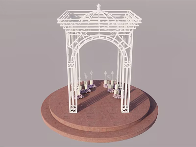 Elegant White Wedding Gazebo with Candles and Flower Arrangements on Red Platform 3d model