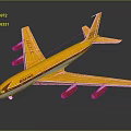 Boeing Airliner With Yellow And Red Livery And Four Engines On Gray Background